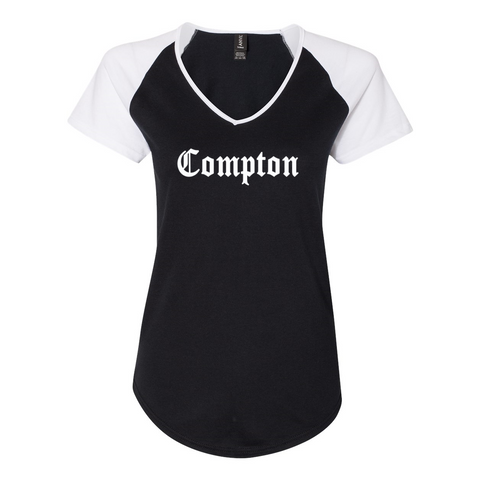 COMPTON Women's Triblend Colorblock V-Neck Raglan Tee - repcpt.com